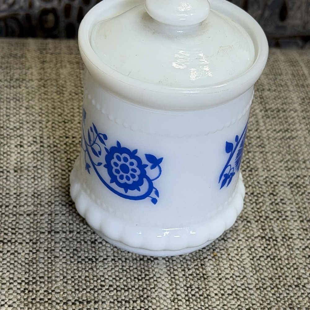 Hazel Atlas White Milk Glass Blue Sweet Pea Mustard Spice ApothecaryJars W/Lid - Picture 8 of 10